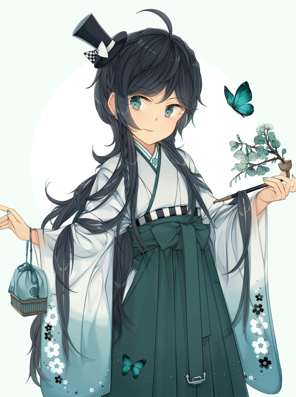 1girl, alternate_color, anchor, bag, black_hair, blue_eyes, butterfly, furisode