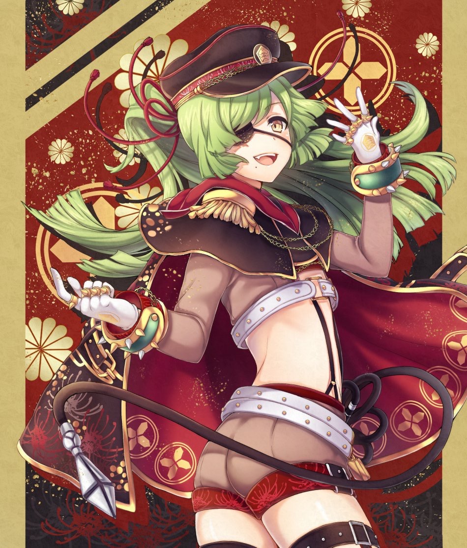 1boy, :d, androgynous, arched_back, arm_up, ass, bangs, black_hat, bracelet, brown_cape, brown_capelet, brown_shorts, buckle, cape, capelet, chains, commentary_request, cowboy_shot, crop_top, dot_nose, eliot_(shironeko_project), epaulettes, eyebrows_visible_through_hair, eyepatch, fang, from_side, gloves, gold_chain, gold_trim, hand_up, hat, high_ponytail, ichigo_seika, index_finger_raised, insignia, jewelry, kikumon, lock, long_hair, long_sleeves, looking_at_viewer, looking_to_the_side, male_focus, midriff, mole, mole_under_mouth, multiple_belts, one_eye_covered, open_hand, open_mouth, peaked_cap, petite, ponytail, print_cape, red_background, shironeko_project, short_shorts, shorts, sidelocks, simple_background, sleeve_cuffs, smile, solo, spiked_bracelet, spiked_knuckles, spikes, standing, stomach, suspenders, swept_bangs, tassel, teeth, thigh_strap, trap, two-tone_background, white_belt, white_gloves, yellow_background, yellow_eyes