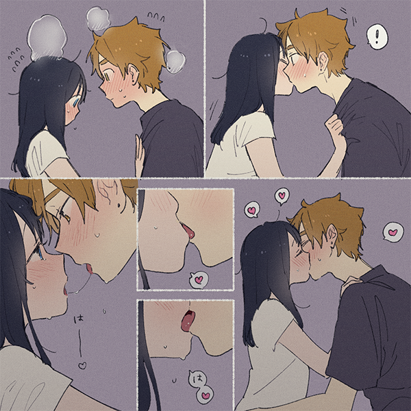 !, 1boy, 1girl, 6koma, black_hair, blue_eyes, blush, brown_eyes