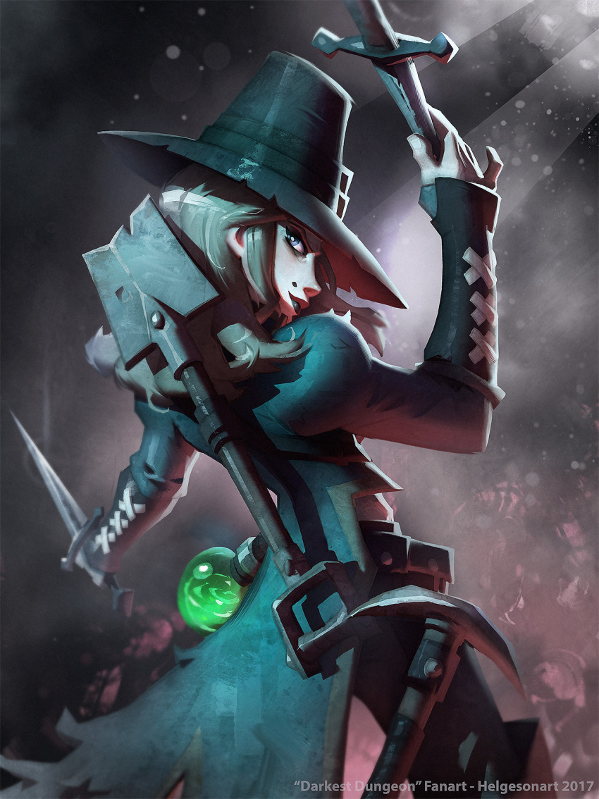 1girl, artist_name, black_hat, blue_eyes, copyright_name, darkest_dungeon, dated, dual_wielding