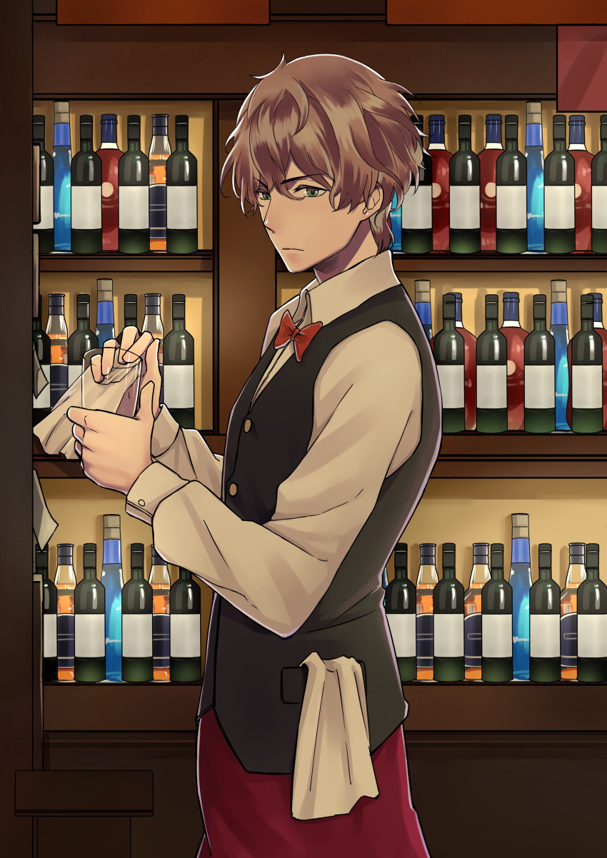 1boy, absurdres, alcohol, bartender, bottle, brown_hair, glass, green_eyes