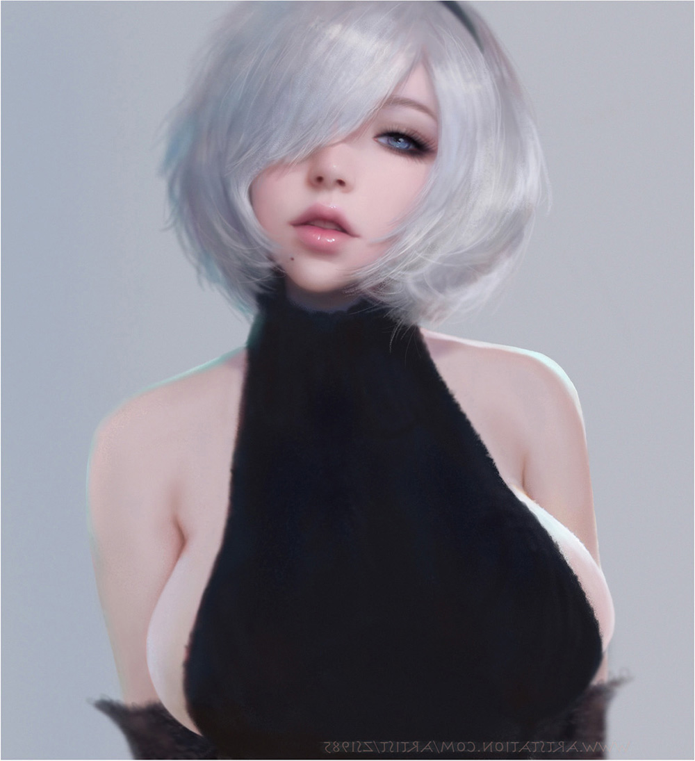 1girl, artist_name, artstation_username, bare_shoulders, black_dress, black_hairband, blue_eyes, breasts, detached_sleeves, dress, hair_over_one_eye, hairband, large_breasts, looking_at_viewer, mole, mole_under_mouth, nier_(series), nier_automata, parted_lips, portrait, ruoxin_zhang, sideboob, solo, white_hair, yorha_no._2_type_b