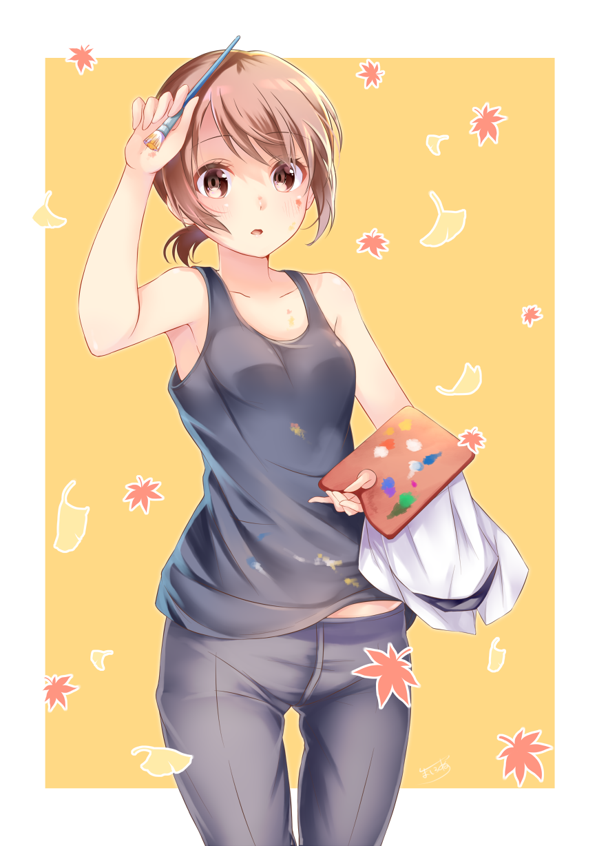 1girl, arm_up, artist_name, bangs, bare_arms, breasts, brown_eyes, cowboy_shot