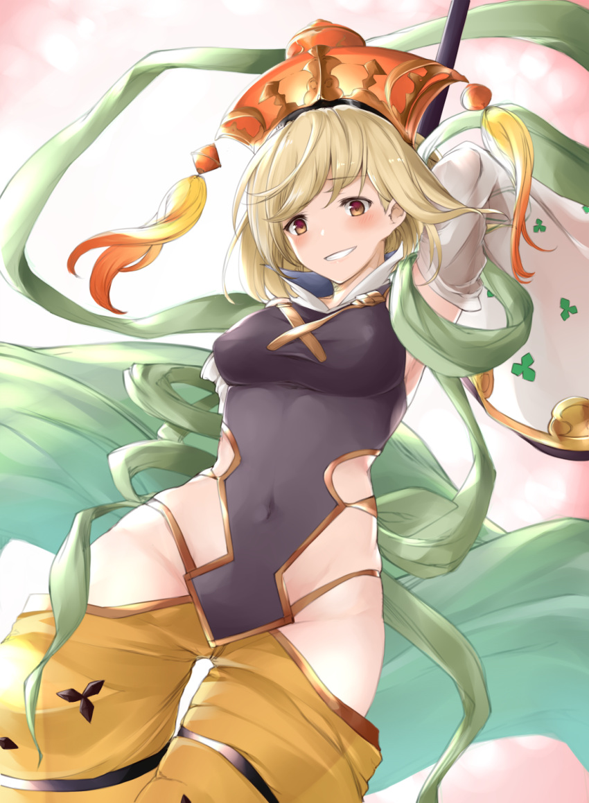 1girl, apsaras_(granblue_fantasy), arm_up, blonde_hair, blush, breasts, brown_eyes, covered_navel