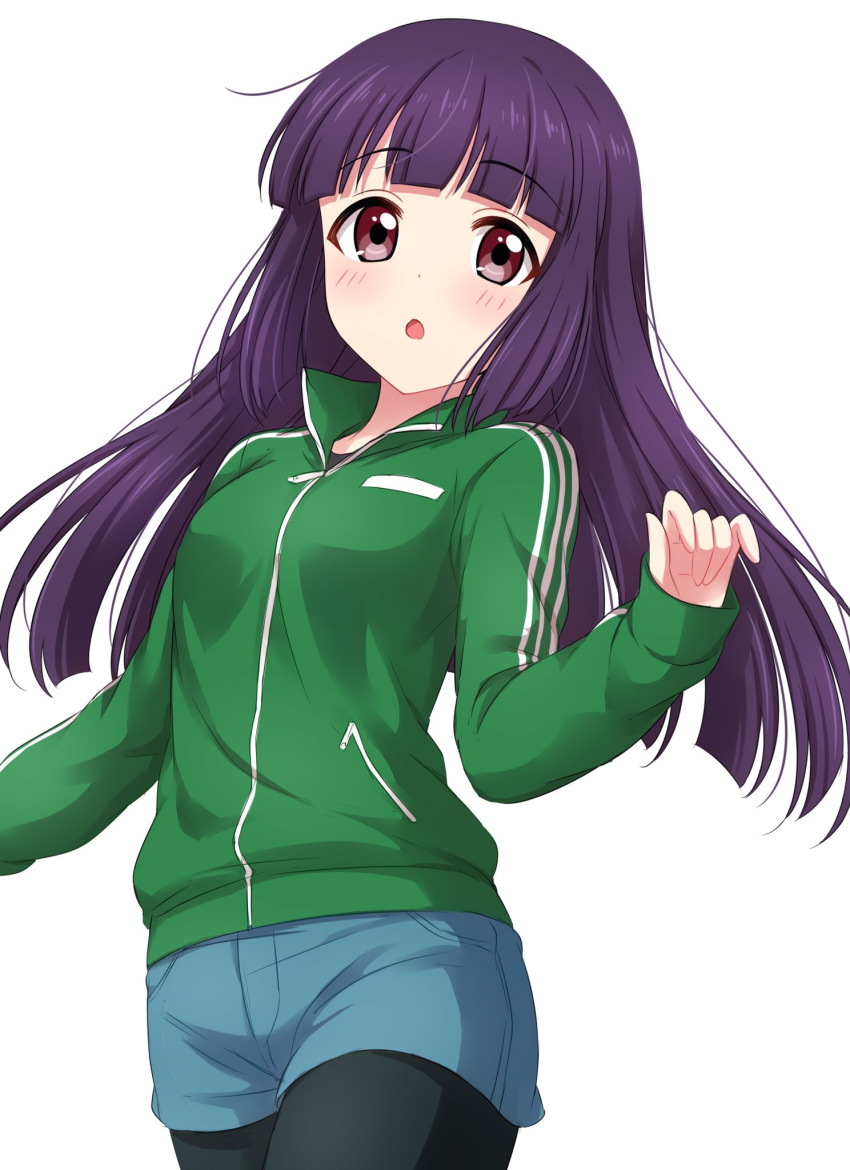 1girl, bangs, black_legwear, blue_shorts, blunt_bangs, blush, breast_pocket, commentary_request