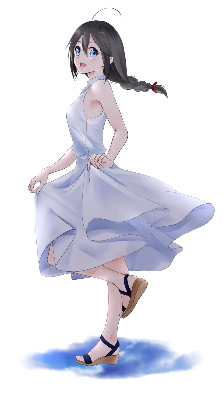 1girl, :d, ahoge, alternate_costume, aoyashio_rin, black_hair, blue_eyes, blush
