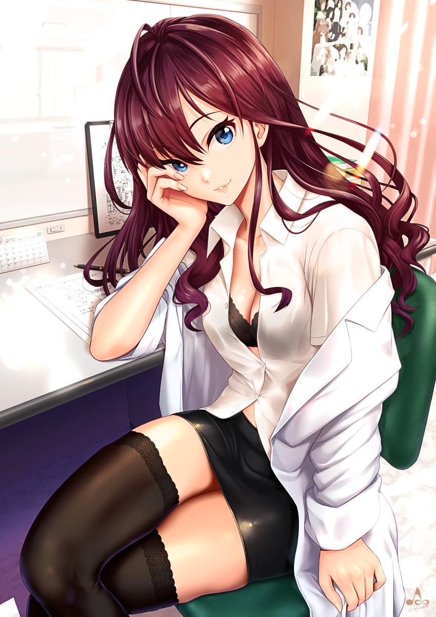 1girl, ahoge, arm_at_side, arm_up, bangs, black_bra, black_legwear, black_skirt