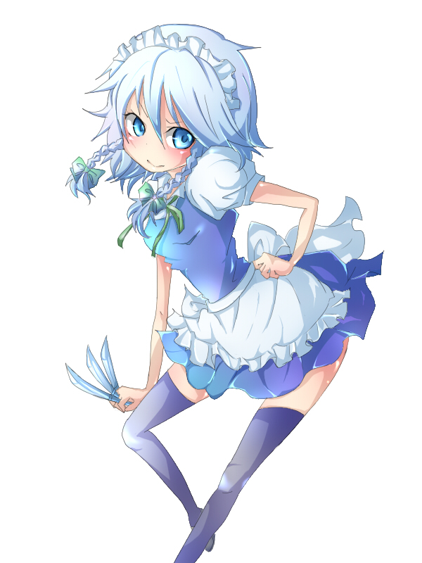 blue_eyes, blue_hair, blush, braid, fabio_(pixiv142117), fuabio, izayoi_sakuya, knife