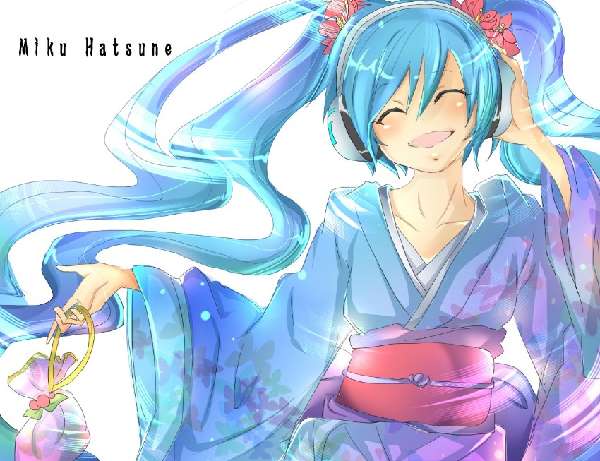fabio_(pixiv142117), flower, fuabio, hand_on_headphones, hatsune_miku, headphones, japanese_clothes, kimono