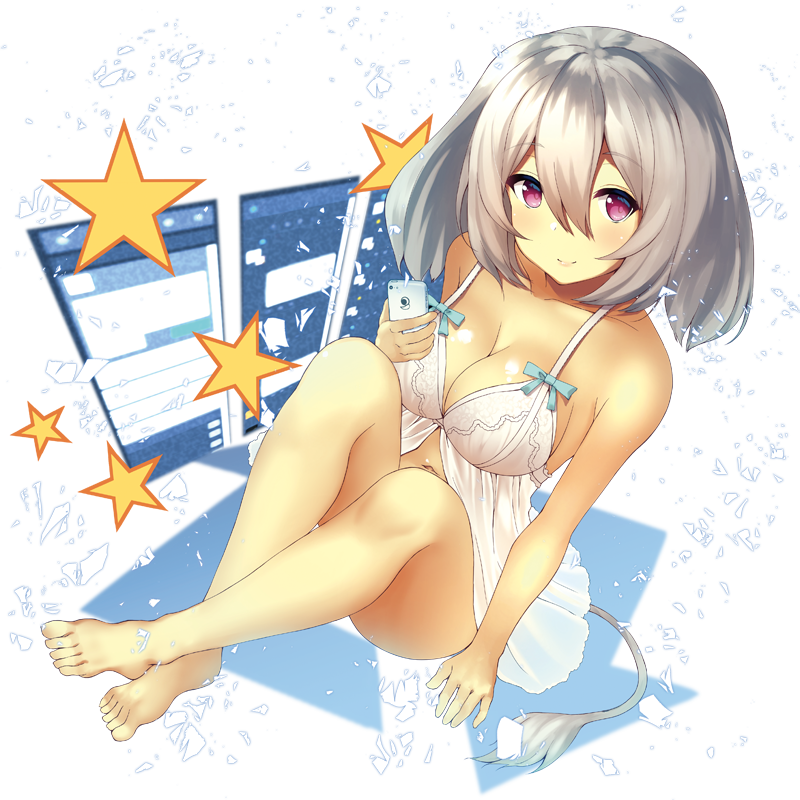 1girl, babydoll, bangs, bare_shoulders, barefoot, blush, breasts, cleavage, convenient_leg, eyebrows_visible_through_hair, grey_hair, looking_at_viewer, medium_breasts, navel, open_mouth, pawoo, pawoo-chan, pink_eyes, short_hair, sidelocks, sitting, smile, solo, star, tsukimizu_(ordeal)