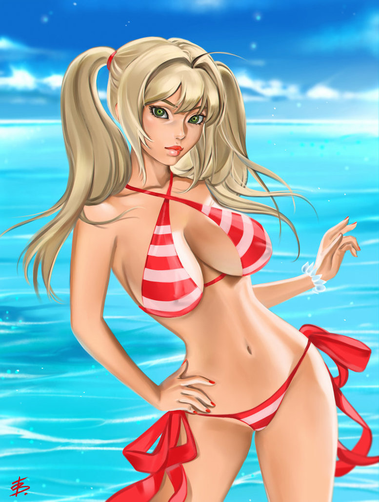 1girl, ahoge, bikini, blonde_hair, bracelet, breasts, cleavage, clouds