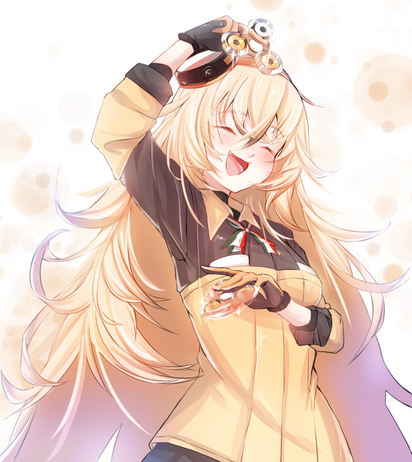1girl, :d, ^_^, arm_up, bangs, black_gloves, black_shirt, blonde_hair