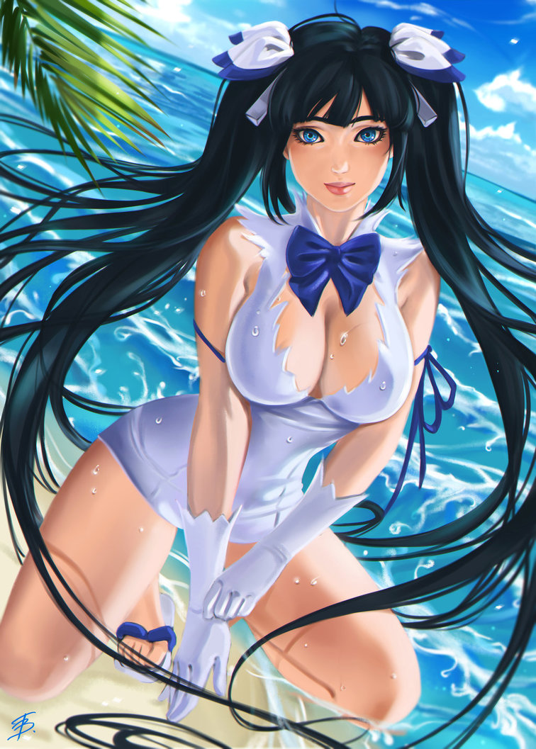 1girl, beach, black_hair, blue_bow, blue_eyes, bow, breasts, cleavage