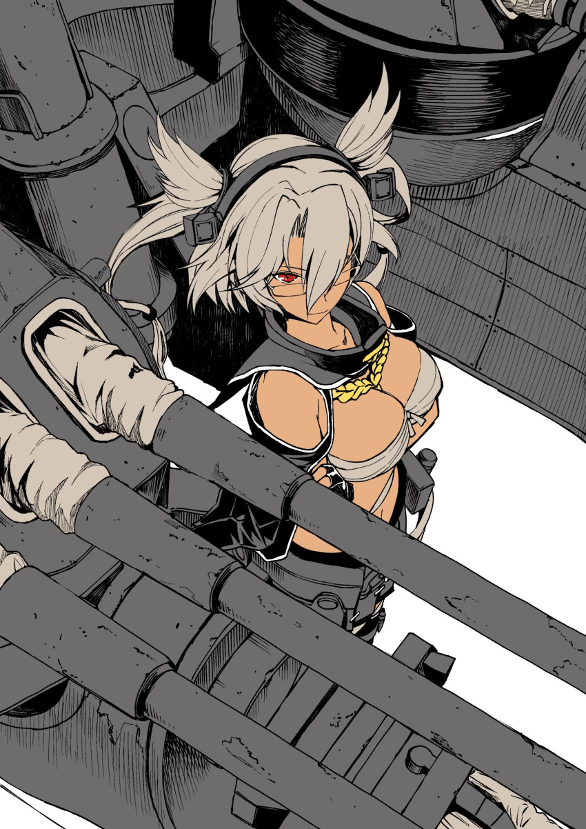 1girl, black_cape, black_gloves, breasts, cape, capelet, cleavage, closed_mouth