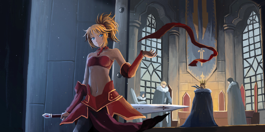 absurdres, artoria_pendragon_(all), blue_eyes, breasts, caliburn, cape, character_request, detached_sleeves