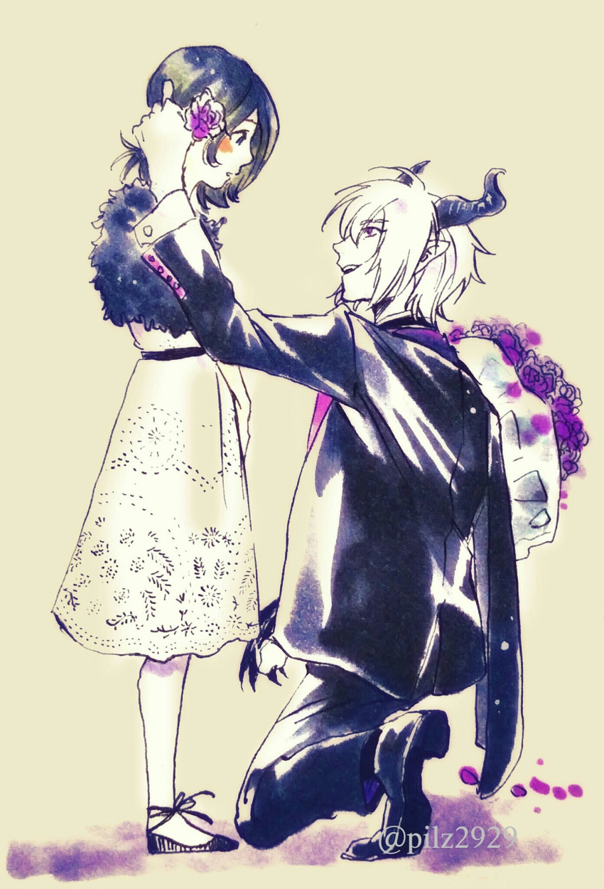 10s, 2boys, azazel_(shingeki_no_bahamut), black_hair, bouquet, crossdressinging, dress, flower