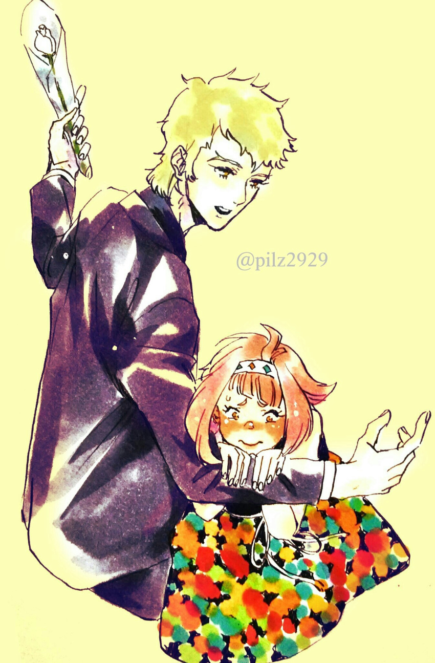 10s, 1boy, 1girl, bangs, blunt_bangs, blush, charioce_xvii, couple