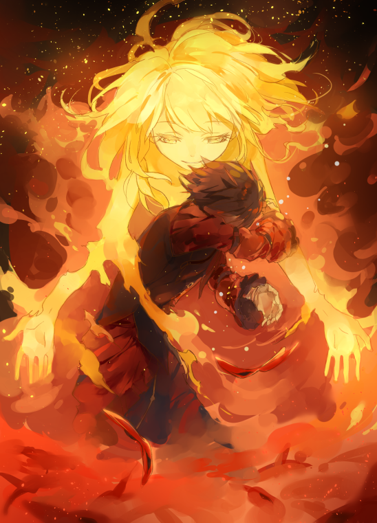 1boy, 1girl, bangs, black_hair, blonde_hair, closed_mouth, eyebrows_visible_through_hair, fire