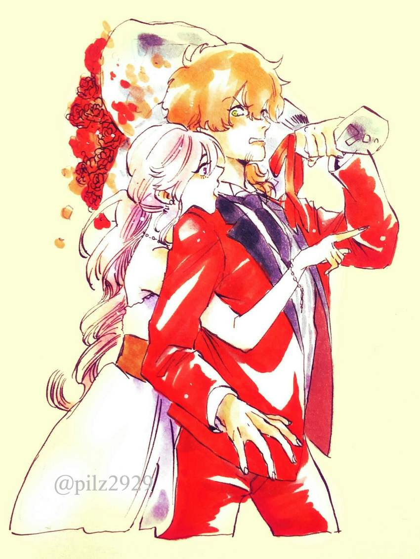 10s, 1boy, 1girl, afro, amira_(shingeki_no_bahamut), bouquet, couple, dress