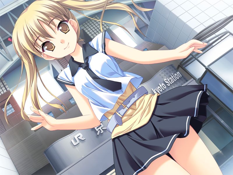 belt, blonde_hair, brown_eyes, casual, dutch_angle, game_cg, hoshizaki_hikaru, jpeg_artifacts, long_hair, necktie, ninomiya_arisu, skirt, smile, twintails