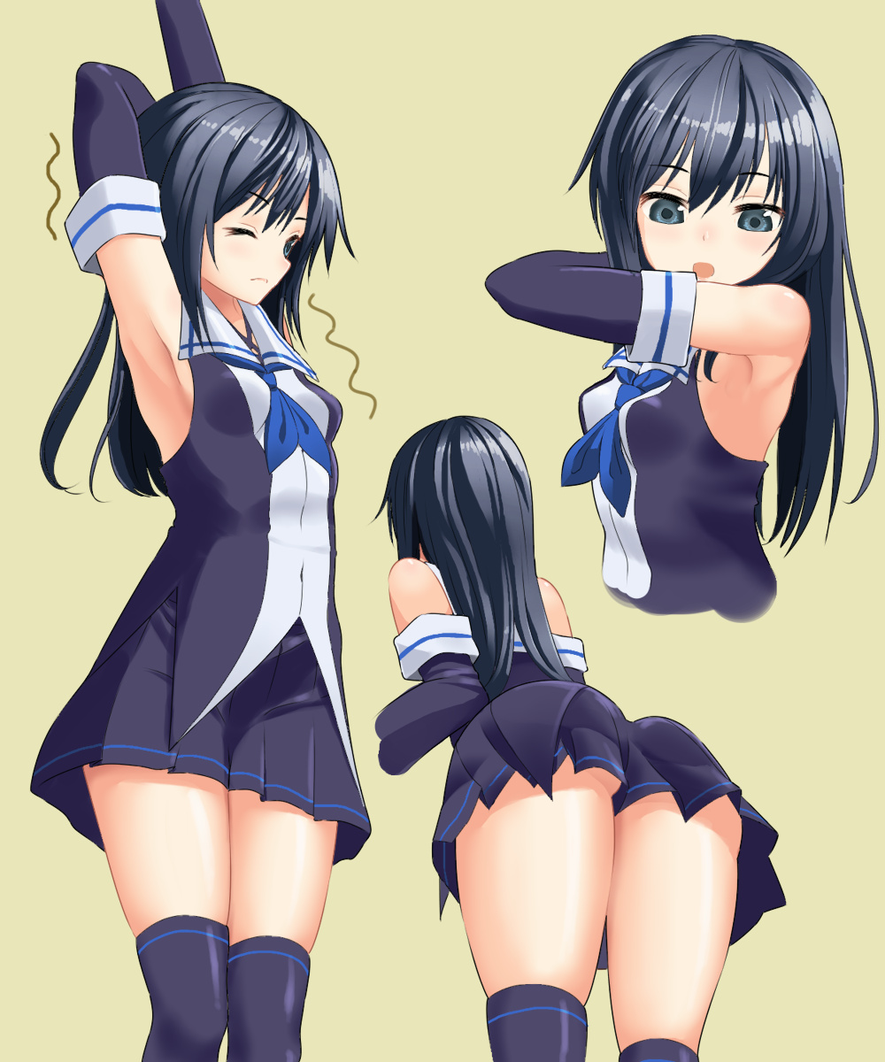 :o, alternate_costume, arm_up, arm_warmers, armpits, asashio_(kantai_collection), ass, black_hair