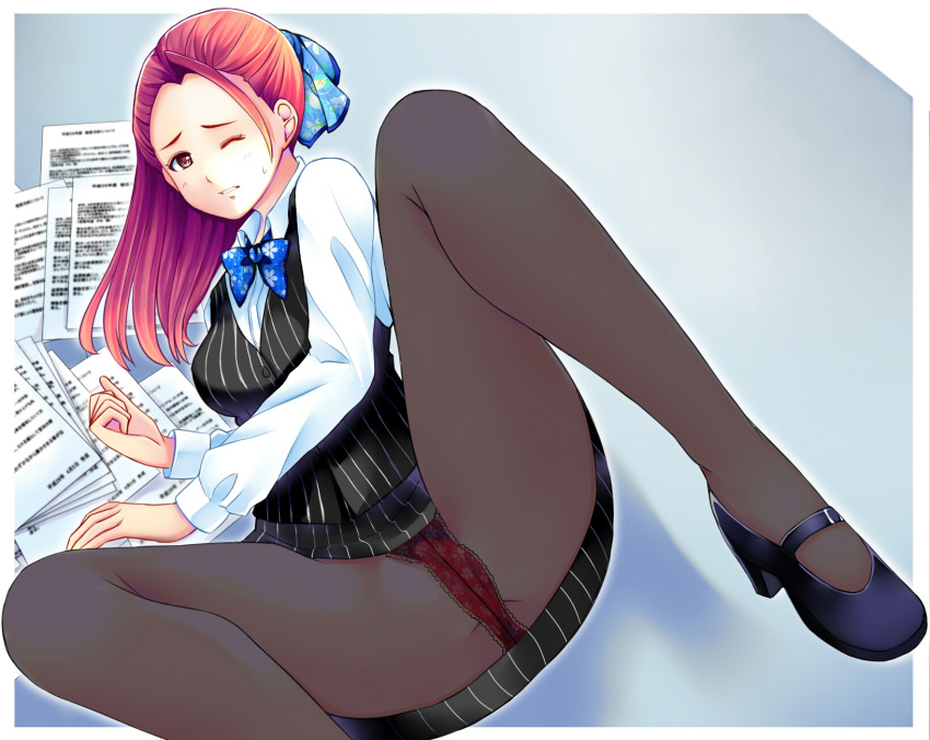 1girl, black_footwear, black_skirt, blue_bow, blue_neckwear, bow, bowtie, brown_eyes
