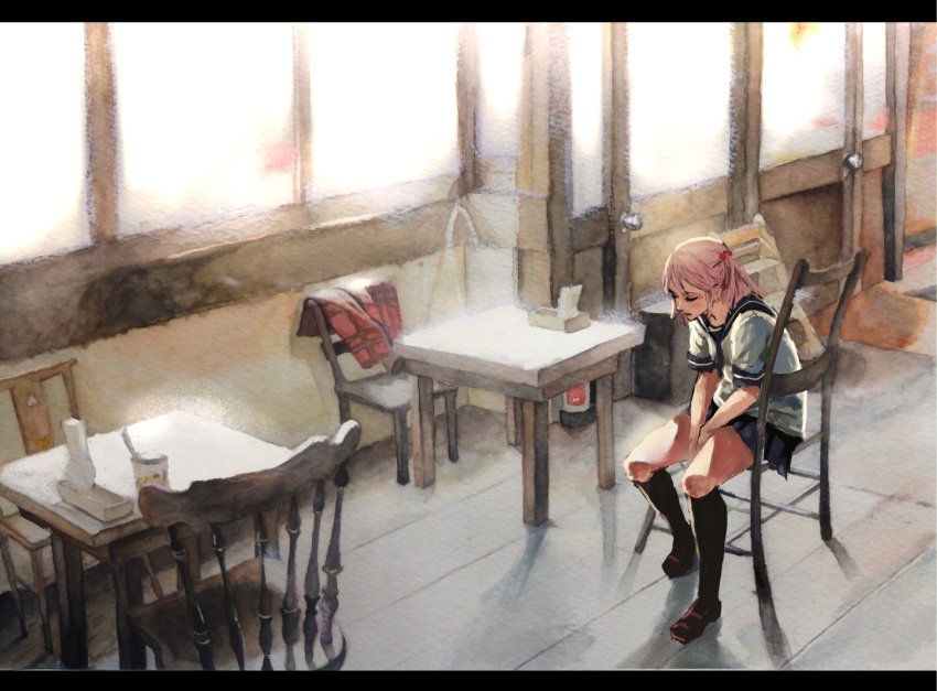 1girl, black_legwear, blue_neckwear, blue_skirt, blush, brown_footwear, chair, closed_eyes