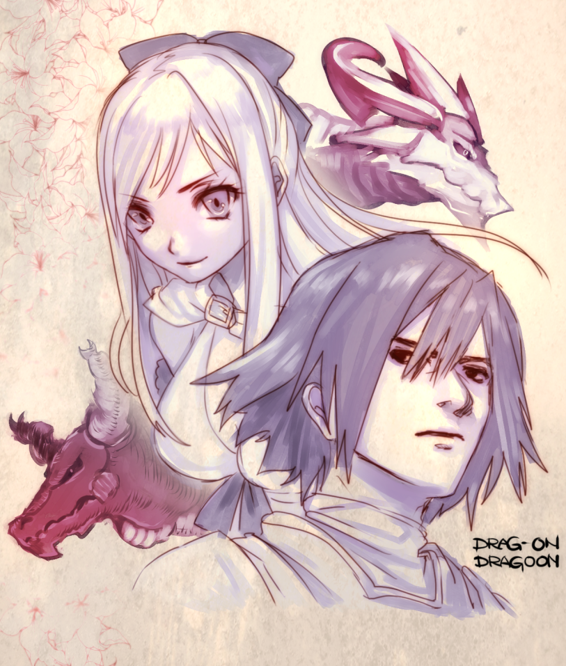 1boy, 1girl, angel_(drag-on_dragoon), bangs, bow, breasts, caim, cleavage