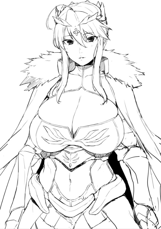 1girl, ahoge, armor, artoria_pendragon_(all), artoria_pendragon_(lancer), breasts, cape, cleavage