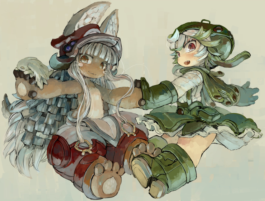 2girls, :3, :d, animal_ears, blush, boots, brown_eyes, commentary_request