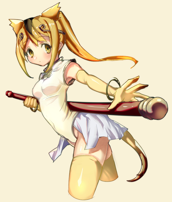 1girl, animal_ears, armpits, bangle, bangs, bare_shoulders, black_hair, blonde_hair, blush, bracelet, breasts, chinese_clothes, circlet, covered_navel, cowboy_shot, cropped_legs, elbow_gloves, eyebrows_visible_through_hair, facing_away, gloves, golden_snub-nosed_monkey_(kemono_friends), groin, hair_between_eyes, high_ponytail, holding, holding_staff, jewelry, kemono_friends, leotard, long_hair, looking_at_viewer, monkey_ears, monkey_tail, multicolored_hair, narita_imomushi, shiny, shiny_clothes, showgirl_skirt, sidelocks, simple_background, small_breasts, solo, staff, tail, tareme, taut_clothes, taut_leotard, thigh-highs, turtleneck, two-tone_hair, white_leotard, yellow_background, yellow_eyes, yellow_gloves, yellow_legwear, zettai_ryouiki