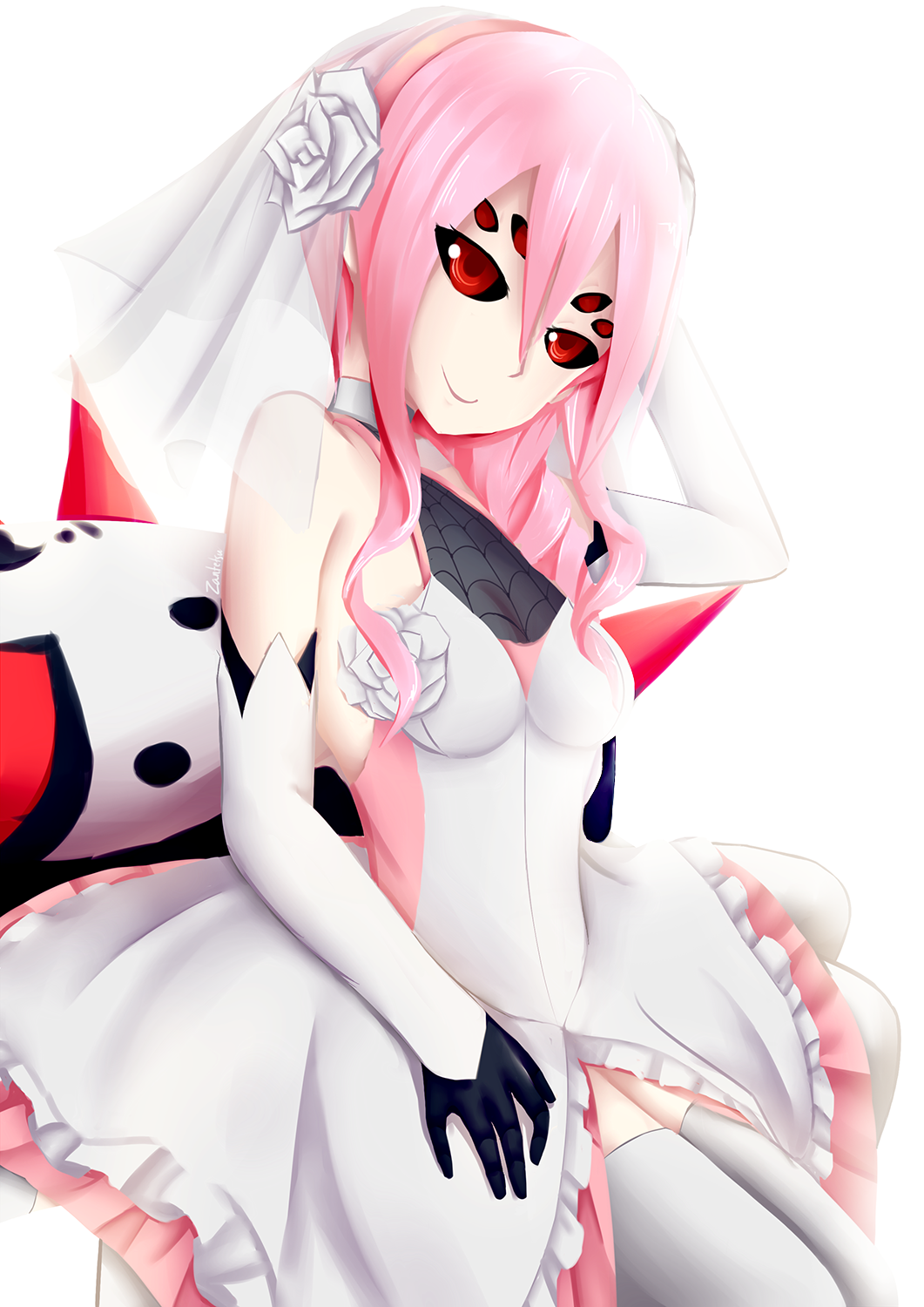 1girl, adeline_(monster_girl_island), arachne, bridal_veil, choker, cowboy_shot, dress, extra_eyes