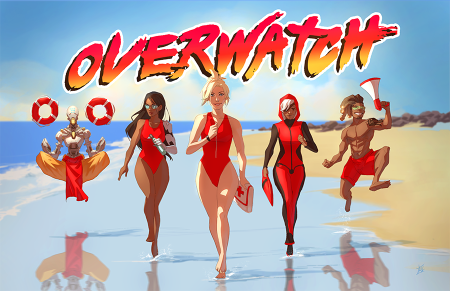 2boys, 3girls, ana_(overwatch), baywatch, beach, blue_sky, dark_skin, eyepatch