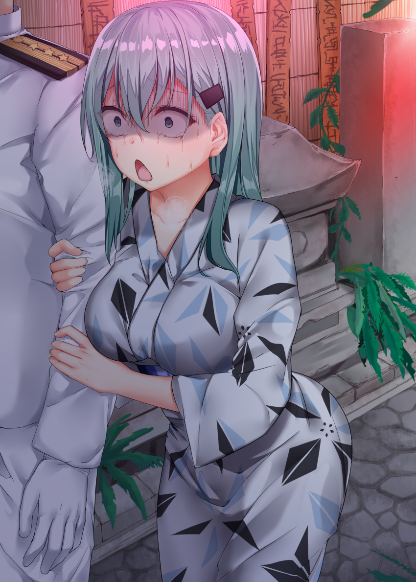 1boy, 1girl, absurdres, admiral_(kantai_collection), arm_grab, breasts, commentary, constricted_pupils