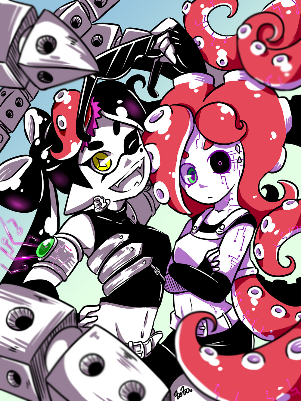 +_+, 2girls, ;d, aori_(splatoon), arm_up, armband, armor, artist_name, belt, bike_shorts, black_hair, black_sclera, blue_background, blurry, blurry_foreground, cosplay, crossed_arms, depth_of_field, domino_mask, earrings, elbow_gloves, fangs, fingerless_gloves, food, food_on_head, gloves, green_eyes, hand_on_hip, head_tilt, heterochromia, highres, holding, jewelry, long_hair, looking_at_viewer, mask, mechanical_tentacles, midriff, mole, mole_under_eye, multiple_girls, navel, object_on_head, one_eye_closed, open_mouth, pancake, pancake_(zoza), partially_colored, pointy_ears, redhead, shirt, signature, sleeveless, sleeveless_shirt, smile, splatoon, splatoon_2, standing, sunglasses, sushi, takozonesu, takozonesu_(cosplay), tattoo, tentacle_hair, upper_body, very_long_hair, yellow_eyes, zoza