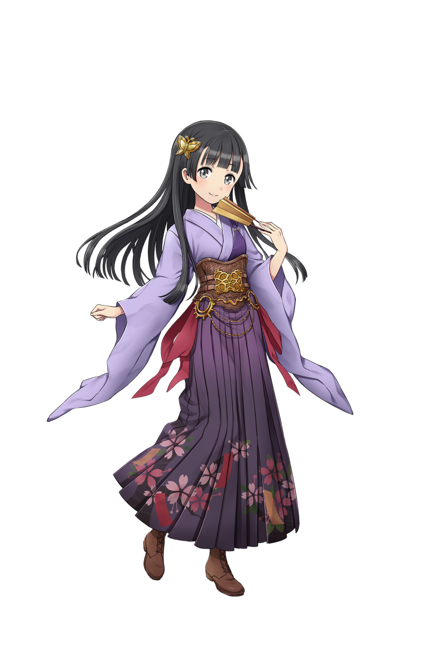 1girl, arisugawa_kaoru, black_eyes, black_hair, brown_footwear, fan, floral_print, full_body