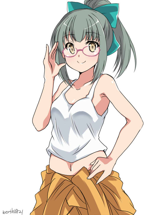 1girl, bespectacled, bow, brown_eyes, eyebrows_visible_through_hair, glasses, green_bow, grey_hair