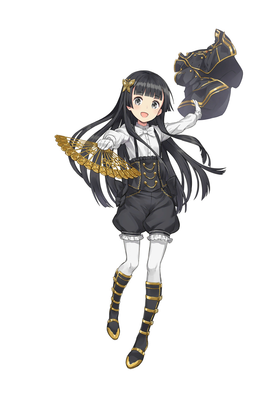 1girl, :d, arisugawa_kaoru, black_eyes, black_footwear, black_hair, boots, butterfly_hair_ornament