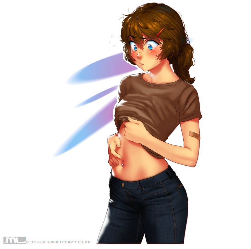 1girl, absurdres, bandaid, blue_eyes, blush, breasts, brooke_(mathias_leth), brown_hair