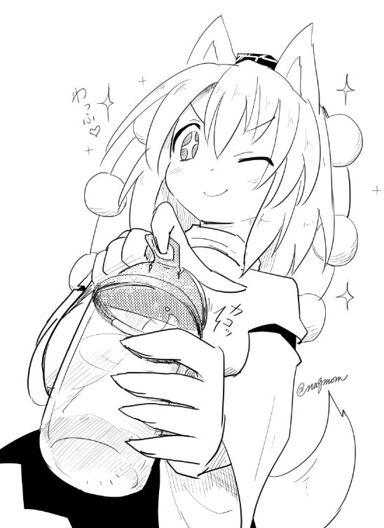 1girl, animal_ears, commentary_request, hat, inubashiri_momiji, opening_can, smile, sparkle
