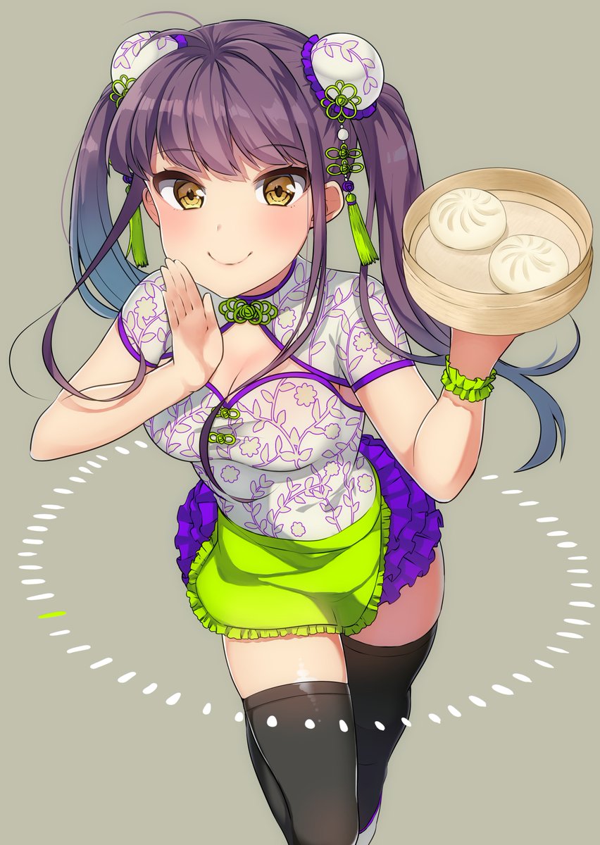 1girl, ahoge, apron, bangs, baozi, black_legwear, bun_cover, china_dress
