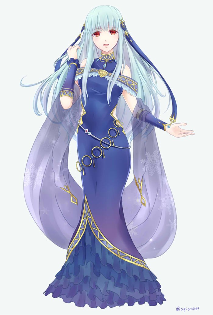 1girl, alternate_color, bare_shoulders, blue_hair, cape, dress, fire_emblem, fire_emblem:_rekka_no_ken, fire_emblem_heroes, full_body, hair_ornament, kazame, long_hair, looking_at_viewer, mamkute, ninian, red_eyes, solo