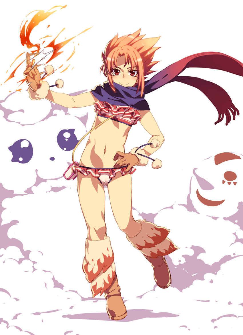 1girl, bag, bangs, blue_scarf, blush, boots, brown_footwear, brown_gloves, closed_mouth, cure_rouge, eyebrows_visible_through_hair, fire, frilled_swimsuit, frills, full_body, gloves, gradient_scarf, hand_on_hip, hand_up, handbag, highres, looking_at_viewer, magic, navel, pom_pom_(clothes), precure, red_eyes, redhead, scarf, short_hair, shoulder_bag, simple_background, smile, snapping_fingers, snow, snowman, solo, standing, standing_on_one_leg, swimsuit, tasaka_shinnosuke, white_background, white_swimsuit, yes!_precure_5