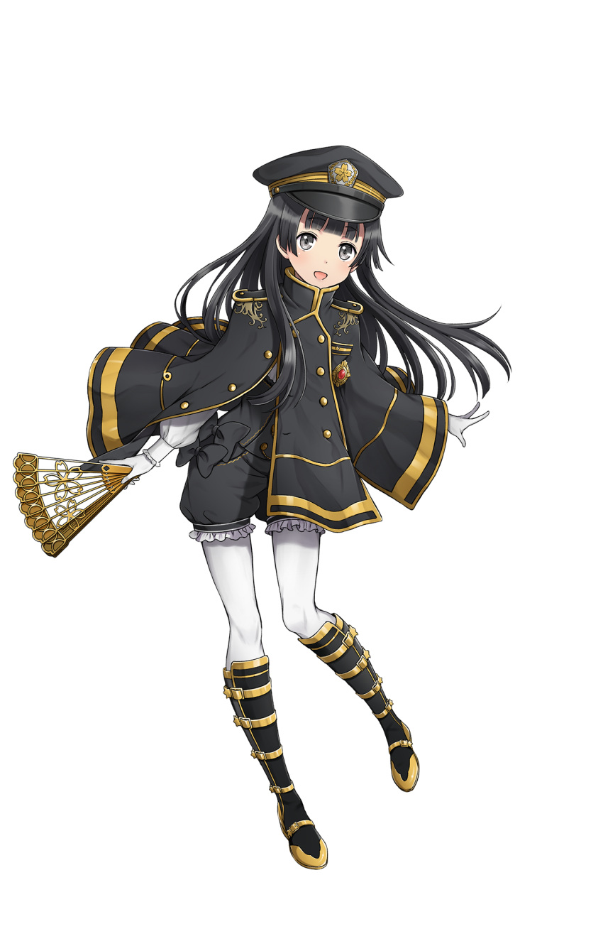 1girl, :d, arisugawa_kaoru, black_bow, black_eyes, black_footwear, black_hair, black_hat
