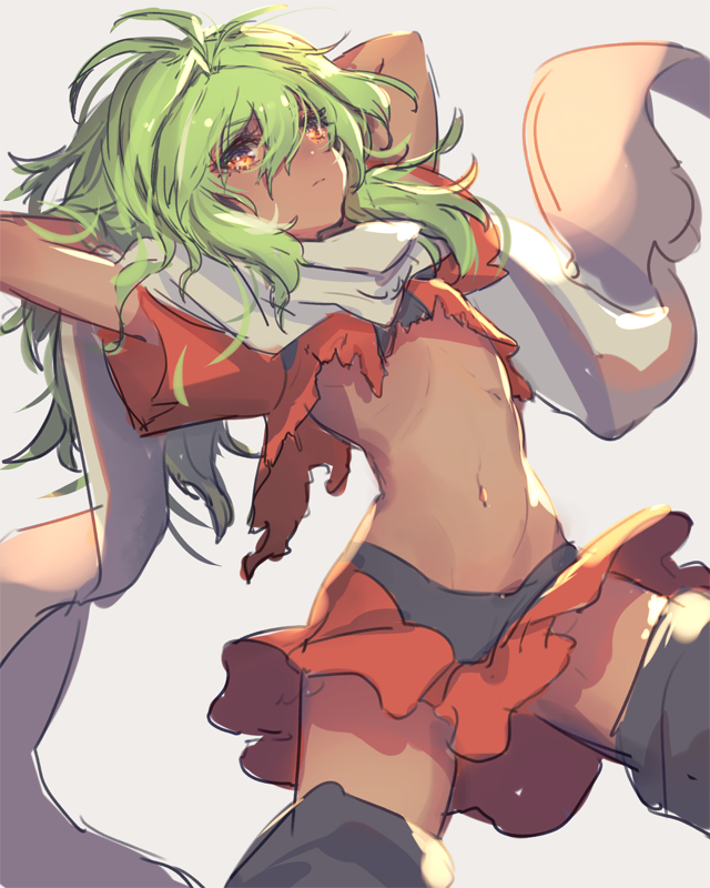 1girl, blush, breasts, cleavage, dark_skin, emerada_(xenogears), gloves, green_hair