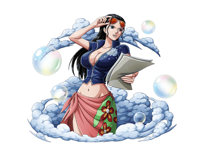 1girl, black_hair, blue_eyes, blue_jacket, bodskih, breasts, bubble, cleavage, clouds, groin, holding, holding_, jacket, large_breasts, leather_vest, long_hair, midriff, navel, nico_robin, one_piece, open_clothes, open_jacket, parted_lips, partially_unzipped, sarong, short_sleeves, skirt, solo, stomach, sunglasses, sunglasses_on_head, transparent_background, zipper