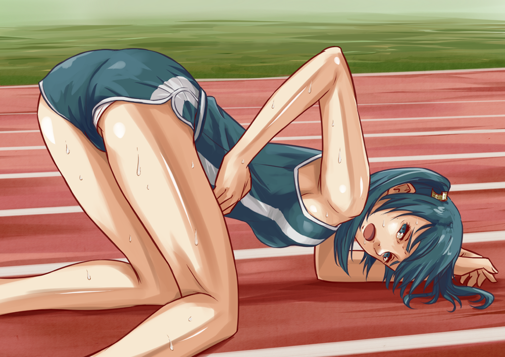 1girl, all_fours, alternate_costume, black_hair, black_shirt, black_shorts, blue_eyes, breasts, d.gray-man, day, lenalee_lee, long_hair, looking_at_viewer, medium_breasts, open_mouth, outdoors, panties, panty_peek, shirt, short_shorts, shorts, sideboob, sleeveless, sleeveless_shirt, solo, sweat, sweating, tomoshiki, track_and_field, track_suit, underwear, upshorts, white_panties