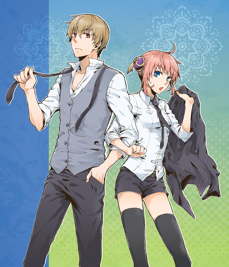 1boy, 1girl, ahoge, black_jacket, black_legwear, black_neckwear, black_pants, black_shorts