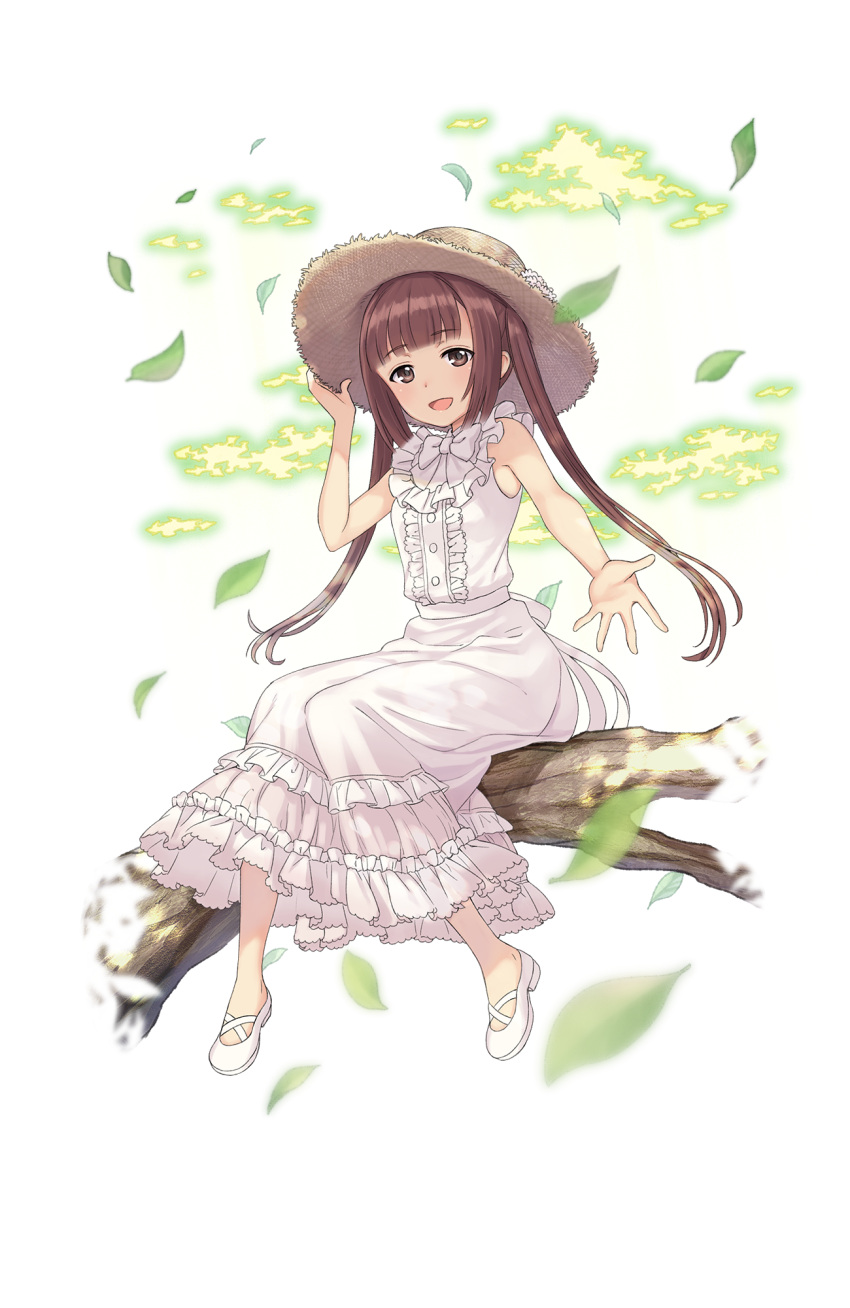 1girl, :d, adjusting_clothes, adjusting_hat, arm_up, bow, bowtie, brown_eyes