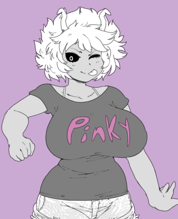 1girl, ;p, ashido_mina, black_sclera, blush, boku_no_hero_academia, bra_strap, breasts, casual, cibastion, denim, denim_shorts, greyscale, horns, large_breasts, looking_at_viewer, monochrome, one_eye_closed, purple_background, short_hair, short_sleeves, shorts, simple_background, solo, tongue, tongue_out